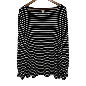 Chicos Tunic Womens XL 16 Black Stripe Balloon Sleeve Soft Stretch Plush Knit